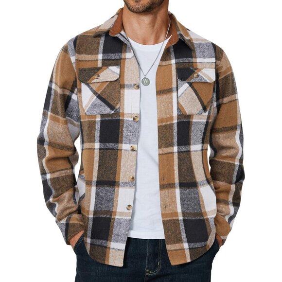 Coofandy Men Khaki-black Flannel Plaid Button Down Jacket Shirt with Pockets - Picture 1 of 6